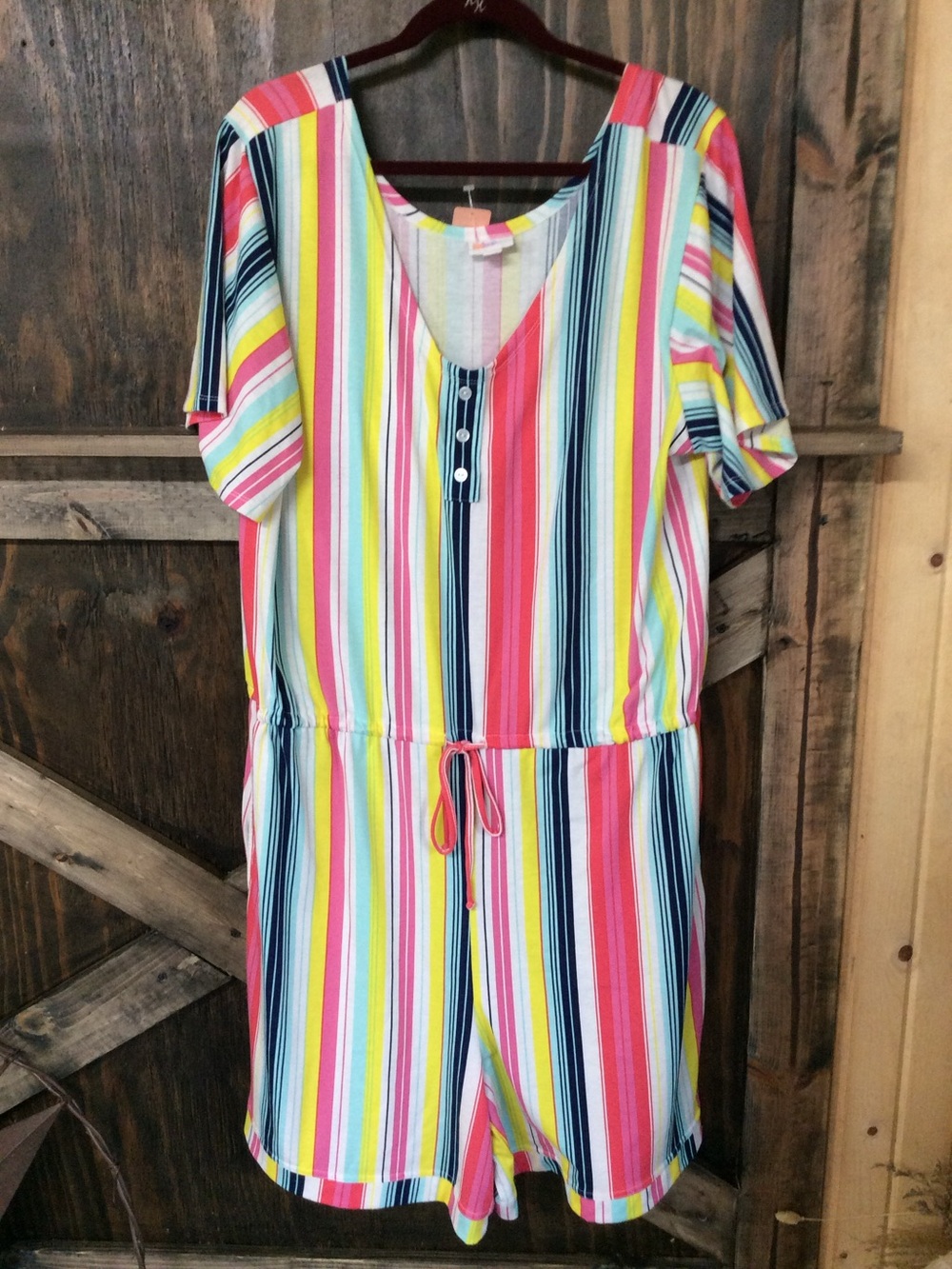LuLaRoe Multicolor Striped Kids Romper - Pink Yellow Blue White